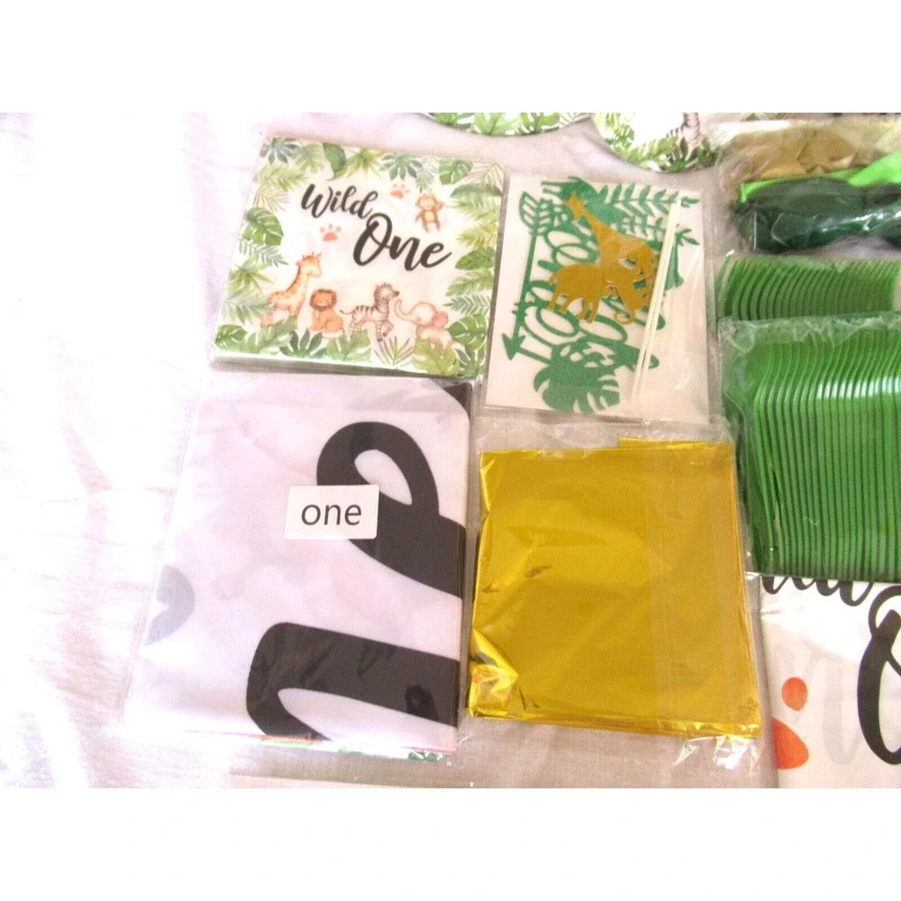 Wild one Jungle Safari First Birthday Decorations for 24 Guests Over 220 Pieces